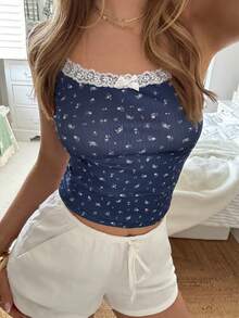 CovetEZ 女士花卉印花蕾丝拼接蝴蝶结装饰休闲百搭吊带衫 - 藏蓝色 - 查看 1