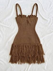 Soleia Đầm ngắn ôm sát dáng vỏ sò, viền tua rua, dây mảnh, phong cách Bohemian, Boho, thích hợp cho kỳ nghỉ, mùa xuân/hè, ngày Valentine, hẹn hò. - Lạc đà - Xem 2