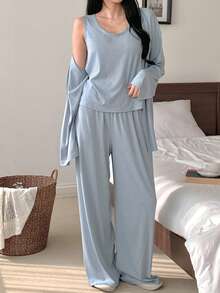 DAZY Bộ đồ ngủ nữ dệt kim 3 món thoải mái và dễ chịu - Màu xanh lam - Xem 4