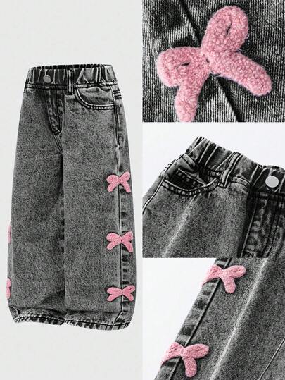 SHEIN Playful Pals Jeans rectos azules con efecto desgastado, moda versátil para niñas