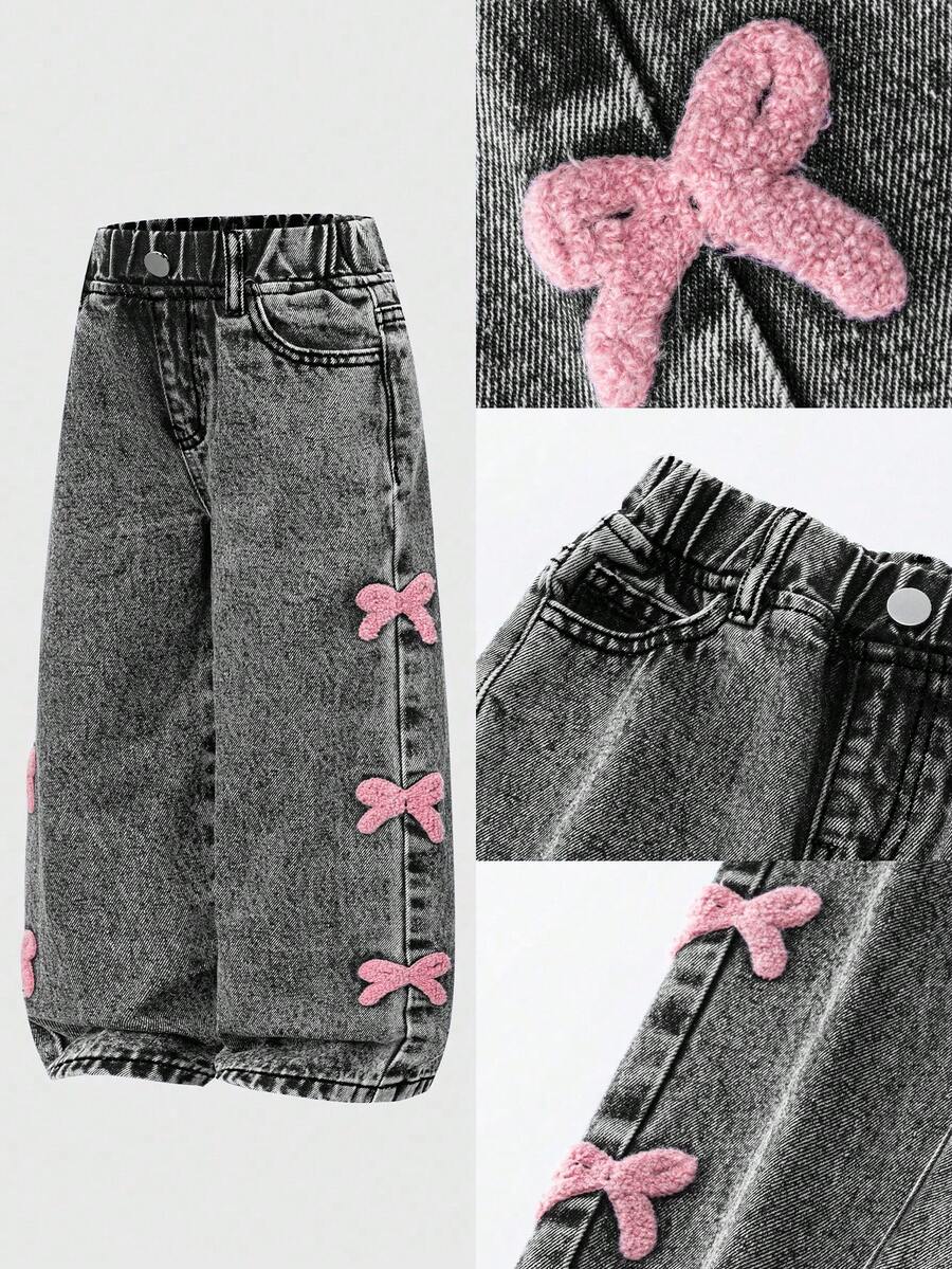 SHEIN Playful Pals Jeans rectos azules con efecto desgastado, moda versátil para niñas - Gris - Ver 1