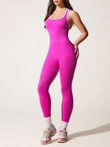 Slayform Seamless Fuchsia & White Sports Jumpsuit Gym Jumpsuit For Women Seamless Workout Jumpsuit - Hot Pink - View 4