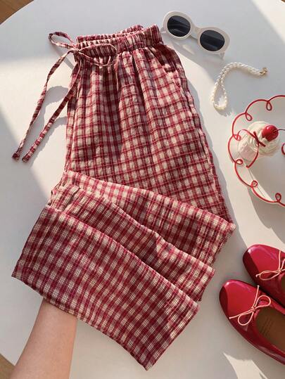 Comfortcana Summer Solid Color Textu Crinkle Fabric Loose Drawstring Tie Waist Casual Vacation Wide Leg Pants, Plus Size Plaid Casual Pants Cottagecore Pants Women Gingham Pants Summer Plaid Bottoms Red Gingham Pants Summer Plaid Pants Gingham Wide Leg Pants