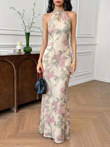 EastFlair Đầm maxi cổ yếm in hình bướm thanh lịch dành cho nữ mùa hè - Màu be - Xem 3