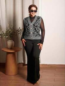 Lupita Cardoza 女式单排扣 V 领豹纹针织背心，秋冬休闲款 - 彩色 - 查看 3