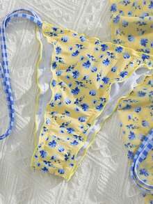 Swim Mod Đầm chiffon xếp ly quyến rũ họa tiết hoa caro đính ngọc trai, kiểu dáng dự tiệc âm nhạc bãi biển dành cho nữ, cổ yếm buộc dây phía sau, bộ bikini ba mảnh. - Nhiều màu - Xem 5