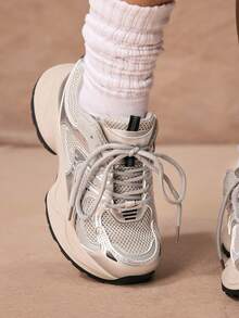 ROMWE Kawaii Women's Sneakers Silver Chunky Sneakers, 2025 Spring New Fashionable Lightweight Thick Sole Versatile Increase Height Mesh Breathable Casual Sports Shoes, - Silver Gray - View 4