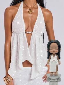 ROMWE Avant 性感露背吊带串珠网纱吊带衫 - 白色 - 查看 8