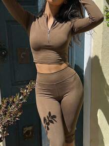 Slaydiva Neuer Frühlingsanfang, Frühlings- und Sommerfestival, Valentinstag, Ostern Lässig, einfacher und Basic Stil, Y2K Street Sweet, tägliches Date, Hot Girl Stil, sexy, sportlich und stilvoll, kleiner Stehkragen, halbe Öffnung Revers, Reißverschluss Stil, langärmliges Top + enge Hose, 3/4 Hose, Hasselblad Faden Dekoration, graubraunes Set für Frauen, Zweiteiler - Kaffeebraun - Übersicht 7