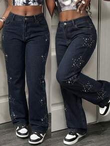 Slaydiva Summer Women's Party Casual Summer Vacation Outfits For Women Pocketed Rhinestone Star Casual Versatile Flare Leg Jeans - Blue - View 2