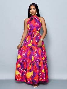 SOLERSUN Women's Fashionable Allover Print Halter Maxi Flowy Dress With Belt For Vacation (Random Floral) - Red Violet - View 10
