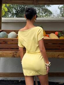 SHEIN SunnyBelle 女士时尚优雅百搭黄色露肩短袖修身上衣和迷你裙两件套，夏季 - 黃色 - 查看 2
