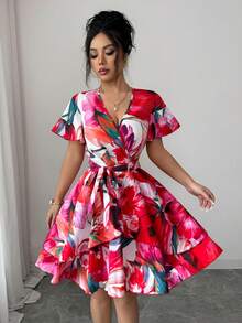 Elenzga White Floral Summer Boho Holiday Vacation Holiday V-Neck Ruffle Flare Sleeve Criss-Cross Bow Tie Multi-Layer Cake Skirt A-Line Puff Mini Dress - Multicolor - View 6