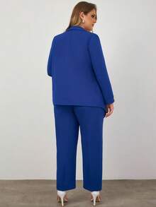 SHEIN Cottnline Plus Shawl Collar Double Breasted Blazer & Pants - Blue - View 2