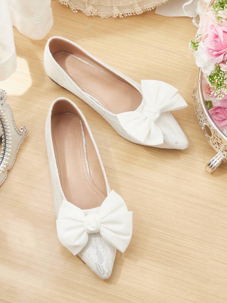 CUCCOO HITCHD Women's Flat Pointed Toe Floral Mesh Bow Slip-On Casual Comfortable Loafers Wedding Shoes Spring Shoes Bride Shoes