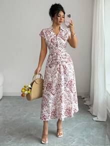 Elenzga Women's White Floral Elegant Summer Tea Party Retro Ruched Waist Fitted A-Line Mini Dress,Suitable For Gatherings,Dates,Parties,Work & Business - Multicolor - View 3