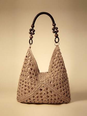 Travachic Large Capacity Portable Women's Woven Straw Shoulder Bag Medium Handbag With Handle For Beach Vacation ,Holiday