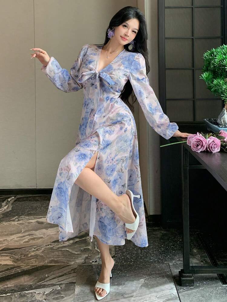 Women's Ditsy Floral Cinching Waist Bow Elegant Dress Sundress Boho