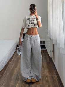 Muchica 女士休闲口袋纽扣阔腿裤，日常百搭 - 灰色 - 查看 3