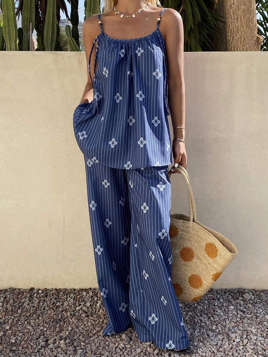 DAZY 女士宽松条纹印花吊带背心和阔腿裤两件套度假套装 - 藍色 - 查看 1