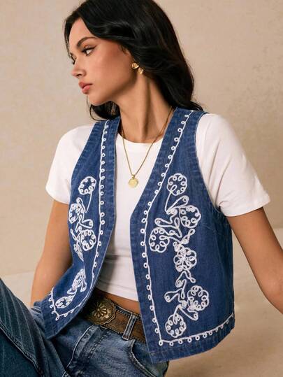 Poéselle Áo denim nữ, Áo khoác denim thêu kiểu dáng mùa hè thường ngày phong cách nghỉ dưỡng miền Tây, Áo denim xanh dương, Áo mùa hè, Áo dự tiệc, Áo đi nghỉ mát, Áo nữ