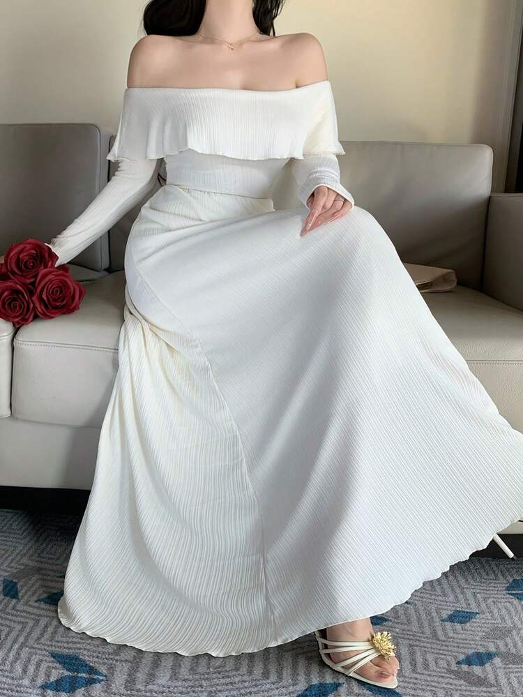 Spring & Summer White Off-Shoulder Ruffle Splice Dress, Elegant For Valentine's Day, Wedding, Party, Formal Occasion, Fashion, Waist Cinched, Long Sleeve, Midi Length Sundress