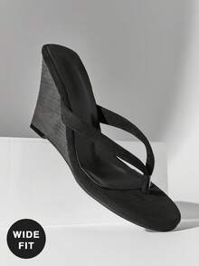 SHUZIA Sandal đế xuồng dáng rộng tối giản bằng da lộn giả, dành cho nữ. - màu đen - Xem 1