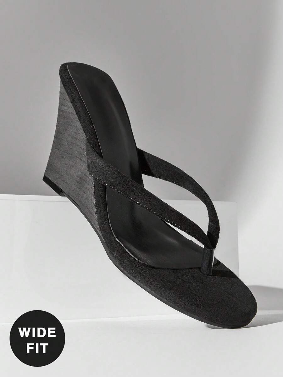 SHUZIA Sandal đế xuồng dáng rộng tối giản bằng da lộn giả, dành cho nữ. - màu đen - Xem 1