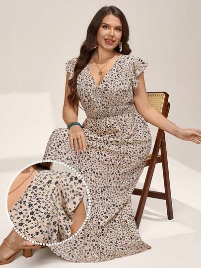 Comfylo Vestido largo de vacaciones con cuello en V, mangas de encaje y estampado floral pequeño en estilo bohemio para mujeres de talla grande