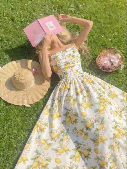 SHEIN MOD Women's Vacation Fruit Print Ruffle Elegant Spaghetti Strap Mid-Length Dress,Tea Party Dress,Yellow Dress,Lemon Print Dress,Garden Party Dress,Tea Party Dress,Summer Dress, Long Floral Dress, Cottagecore Dress, Picnic Dress, Spring Dress,Summer Holiday Outfits,Vacation ,Going Out,Beach ,Summer Dress