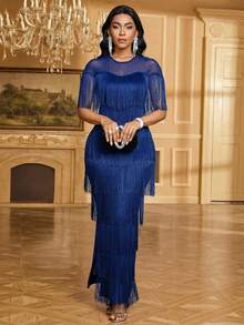 SHEIN Lady Elegant klänning med flera lager och tofsar i enfärgad kontrastfärg för kvinnor - Kungsblått - Visa 6