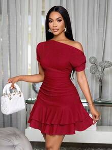 SOLERSUN Vestido mini elegante para fiestas y día con cuello asimétrico, mangas largas, volantes dobles y diseño acanalado en color albaricoque - Rojo - Ver 7