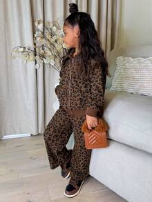 DAZY 2pcs/Set Young Girls Hooded Leopard Print Casual Loose Sweatshirt Jacket And Loose Sweatpants, Korean Style - Brown - View 3