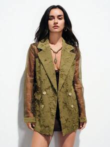 Aveloria Modichic 百搭优雅通勤风欧根纱拼接特殊流苏面料透视双排扣女士西装外套 - 綠色 - 查看 1