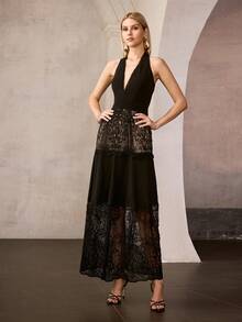 MOTF Soiréza WOMEN'S ELEGANT SLEEVELESS HALTER-NECK MAXI FORMAL DRESSES WITH LACE TRIM, IDEAL FOR WEDDINGS, GALA DINNERS, PARTIES, CELEBRATIONS, SPRING DRESSES SUMMER OUTFITS - Black - View 5