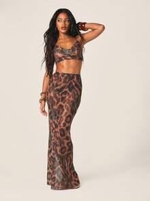 MISSGUIDED Leopard Print Two Piece Set Crop Top Maxi Skirt Halter Neck Bodycon Summer Vacation Beach Party Outfit - Multicolor - View 5