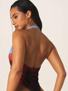 MISSGUIDED 女士深V露背连体泳衣，抽象花卉印花，夏季海滩度假泳装 - 彩色 - 查看 2