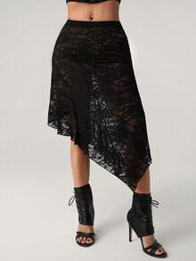 SHEIN ICON 女士弹力腰带花卉蕾丝不对称下摆时尚半身裙 - 黑色 - 查看 6