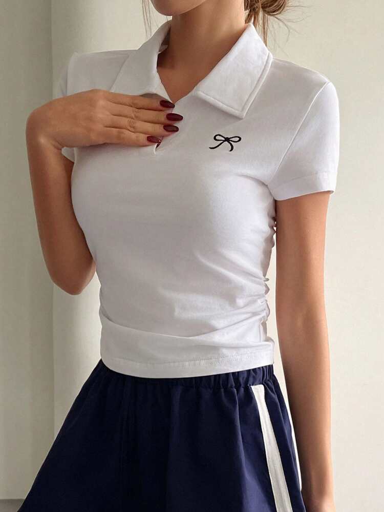 Women's Casual Bow Embroidery Pattern Short Sleeve T-Shirt, Versatile For Daily Wear Summer