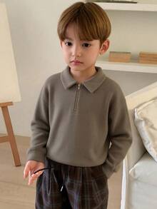 DAZY Young Boy Solid Color Zip Collar Drop Shoulder Long Sleeve Casual T-Shirt - Khaki - View 5