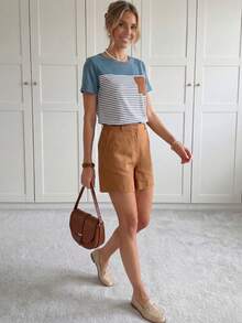 SHEIN LUNE 女士条纹口袋短袖T恤，休闲款 - 彩色 - 查看 3