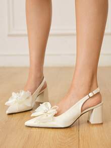 CUCCOO HITCHD Women Shoes Spring. New Pointed Thick Heel High Heel Romantic Elegant White Satin With Pearl Mesh Flower Women's High Heel Shoes Dress Shoes Bridal Shoes Wine Season Sign For Valentine's Day Elegant Versatile - White - View 5