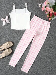 SHEIN 少女休闲针织吊带背心和短裤套装，日常家居服 - 白色 - 查看 2