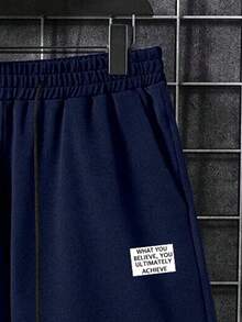 Manfinity Homme Hombres talla grande Shorts con camiseta de hombros caídos con estampado de letra - Azul Marino - Ver 3