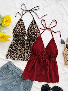 Soleia 2pcs Vacation Sexy Leopard Print Halter V-Neck Backless Tie Strap Textured Fabric Red Camisole, Suitable For Holiday, Date, Afternoon Tea, Vacation, Music Festival, Boho - Burgundy - View 3