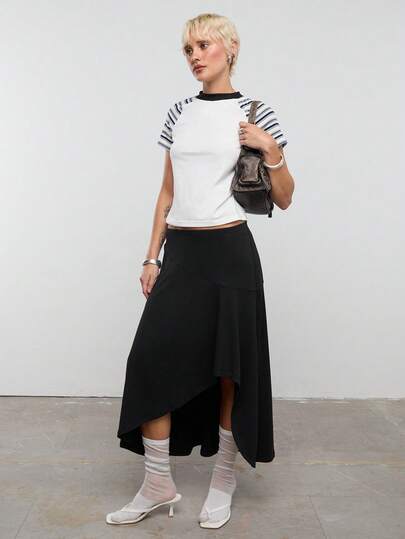 COUREZ Asymmetric Hem Low Waist Midi Skirt/Y2K Spring Clothes For Women Cute Sexy Skirts For Women Going Out Party Rave Festival Outfits Summer Skirts Summer Outfits