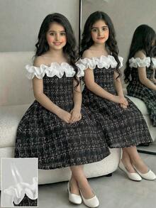 少女优雅荷叶边拼接收腰连衣裙，夏季 - 黑色 - 查看 1