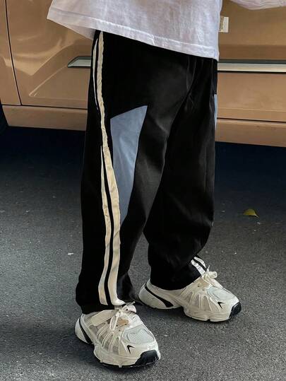 SHEIN 1件装男童休闲学院风舒适时尚简约实用百搭柔软宽松撞色侧缝直筒长裤，适合开学第一天、返校、日常穿着，也适合上学、旅行、运动，春夏秋冬皆宜。