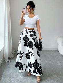 Lyxana Women Jacquard Casual Versatile Date Night Skirt - Black and White - View 6