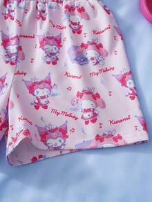 HELLO KITTY AND FRIENDS | SHEIN 女童卡通图案短袖上衣和裤子睡衣套装 - 粉色 - 查看 11